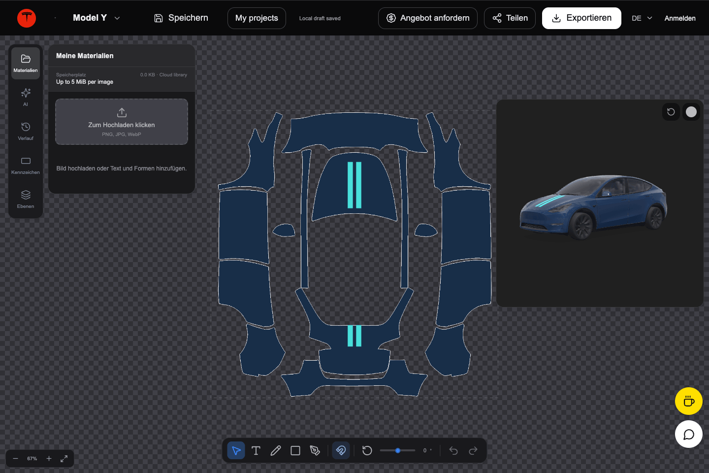 Der Editor dieser Website mit einem eigenen Model-Y-Entwurf und 3D-Vorschau