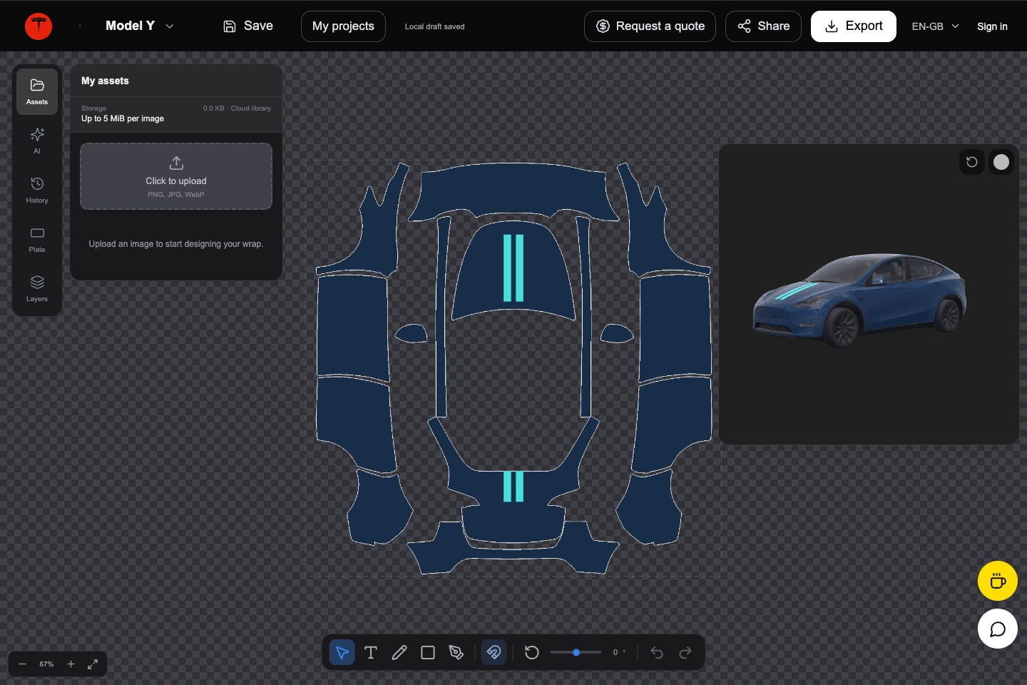 The site's editor showing an original Model Y design and its 3D preview