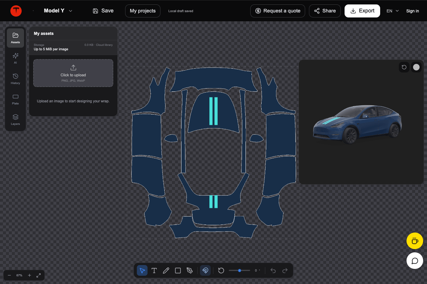 The site's editor showing an original Model Y design and its 3D preview