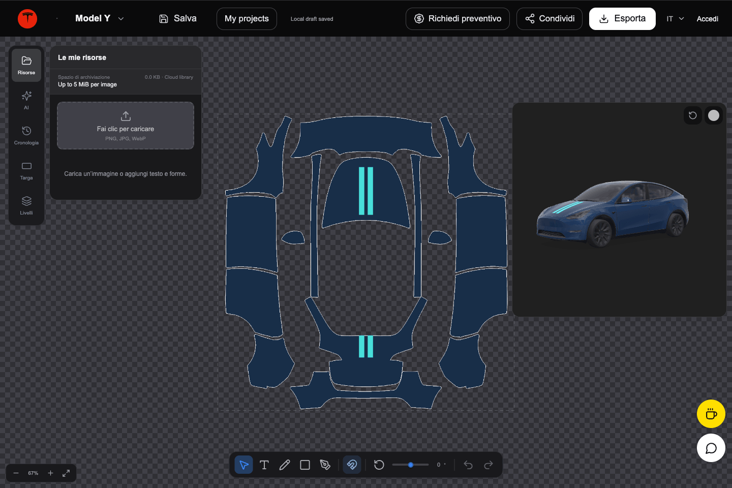 L’editor del sito con un progetto originale per Model Y e l’anteprima 3D