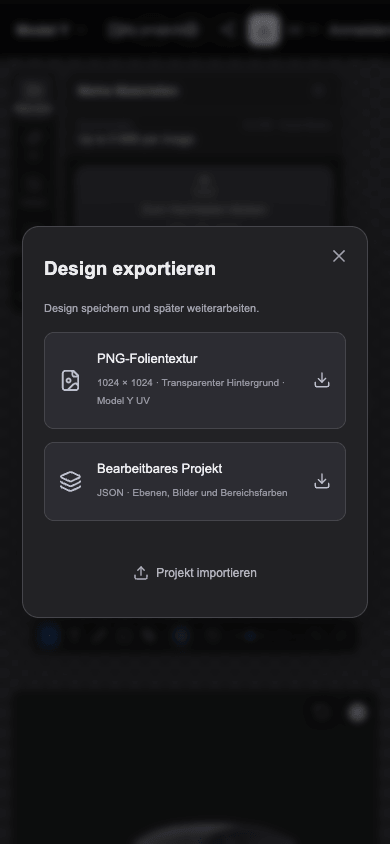 Der Editor dieser Website in Smartphone-Breite mit geöffnetem PNG-Exportmenü