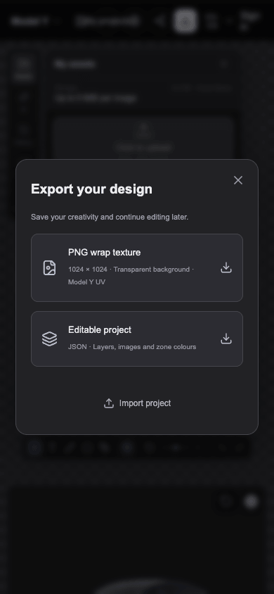 The site's mobile editor with its PNG export menu open