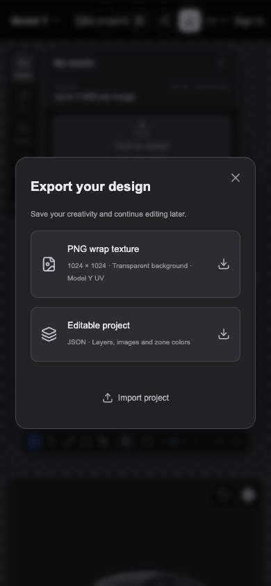The site's mobile editor with its PNG export menu open