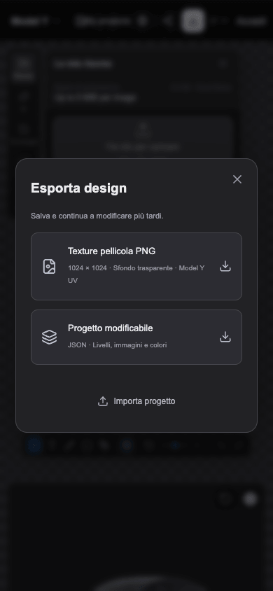 L’editor del sito in formato smartphone con il menu di esportazione PNG